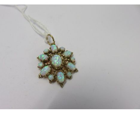 9ct GOLD OPAL CLUSTER DROP PENDANT, unusual snowflake design, approx 25mm x 23mm