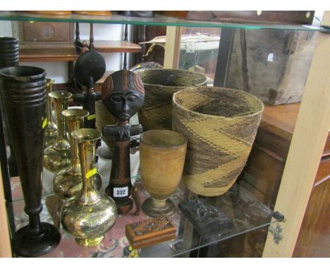 ETHNIC, wicker tidy basket, pair of inlaid brass vases, carved ebony betrothal plaque, stamp box and contents of shelf