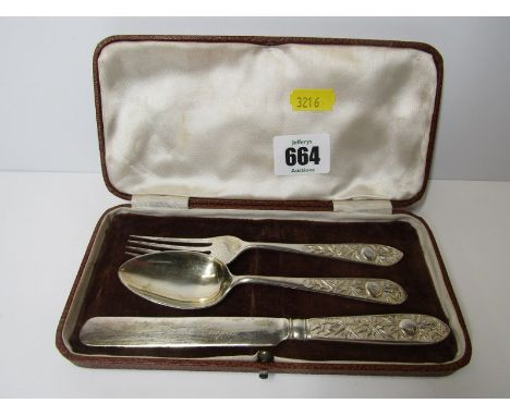 CHINESE CHRISTENING SILVER, 3 piece cased Christening set of knife, fork and spoon, stamped "WH90"