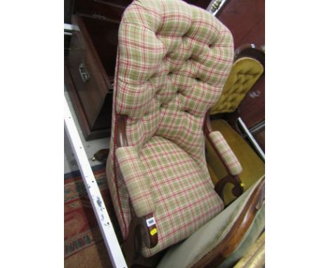 VICTORIAN BUTTON BACK ARMCHAIR, mahogany scroll arm support with tartan upholstery 