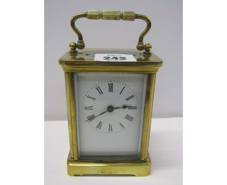 CARRIAGE CLOCK, brass cased beveled glass carriage clock, 4" height