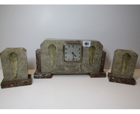 ART DECO, a French coloured marble 3 piece clock garniture, 6" high