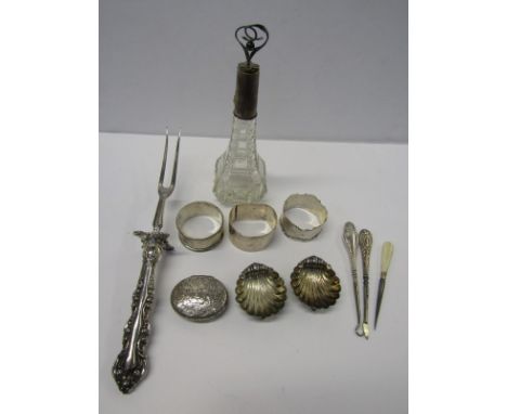 PERFUME FLASK, pair of HM silver shell bowl salts, 3 serviette rings, pill box and contents of box