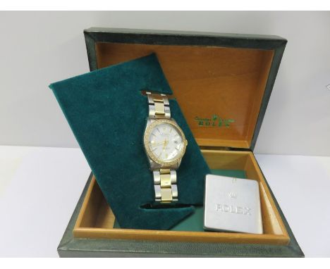 ROLEX, OYSTER PERPETUAL DATE CHRONOMETER  on stainless steel bi metal bracelet strap in original box plus further bezel with 