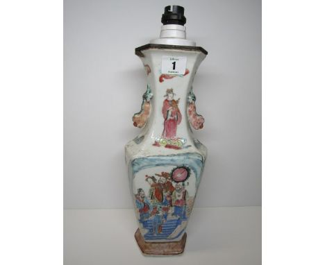 ORIENTAL CERAMICS, Famille rose hexagonal vase converted to a lamp, decorated with court scenes (rim damage) 12" high 