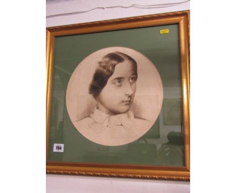VICTORIAN PORTRAIT, sepia watercolour portrait of "Young Girl" in circular mount, 10" diameter