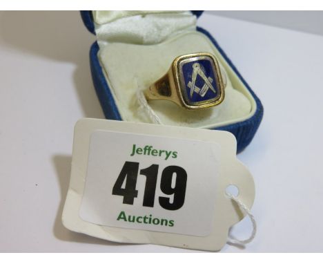 9CT GOLD MASONIC RING, size U, Masonic symbol set in blue enamel 6.4 grams in weight 