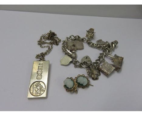 SILVER JEWELLERY, Silver charm bracelet with charms, silver ingot with chain and pair of 9ct gold cameo earrings