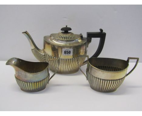 SILVER TEA SERVICE, HM silver oval fluted base 3 piece tea service, Birmingham 1928, maker W D, 24.5 ozs inc ebonised finial 