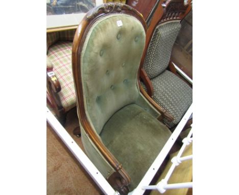 VICTORIAN BUTTON BACK NURSING CHAIR, floral carved walnut framework with scroll arm support