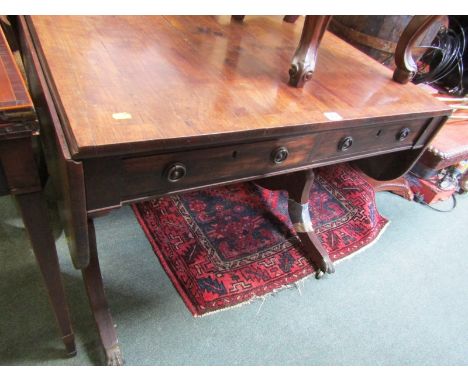 REGENCY SOFA TABLE, cross banded mahogany twin drawer sofa table on inlaid splayed legs with brass claw castors and ring drop