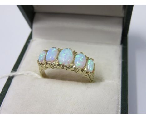 9ct GOLD 5 STONE OPAL RING, 5 graduated opals set in 9ct Edwardian design mount, size N