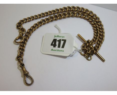 9CT GOLD DOUBLE ALBERT WATCH CHAIN & 'T' BAR, 53.3 grams in weight, good overall condition, Hallmarks to every link 