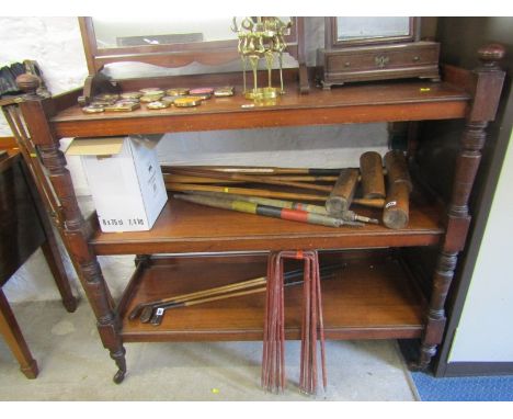 VICTORIAN BUFFET, mahogany 3 tier open shelf buffet on original castors, 48" width