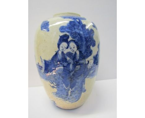 ORIENTAL CERAMICS, a crackle glazed under-glazed blue oviform vase of children playing in garden setting with mothers attendi