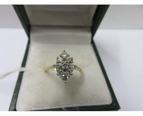 DIAMOND CLUSTER RING, 18ct gold diamond cluster ring, Navette design, approx 0.5ct diamond, size K/L