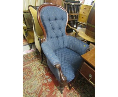 VICTORIAN BUTTON BACK NURSING CHAIR, scroll arm supports with blue button back upholstery
