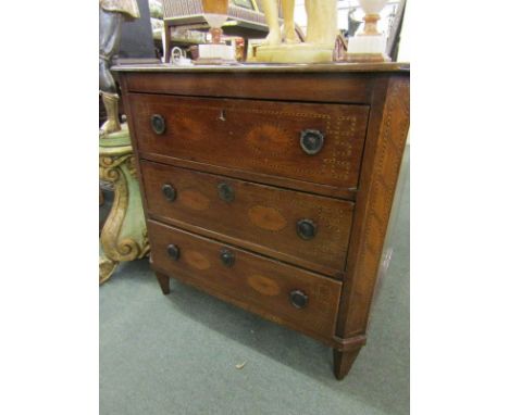 MARQUETRY CHEST OF DRAWERS, 19th Century pictorial marquetry straight front 3 drawer chest decorated with Royal Coat of Arms 