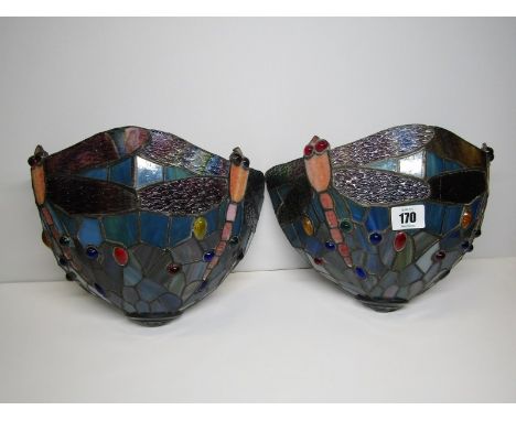 STAINED GLASS SHADES, pair of Tiffany style stained glass "Dragonfly" wall bracket shades, 10" width