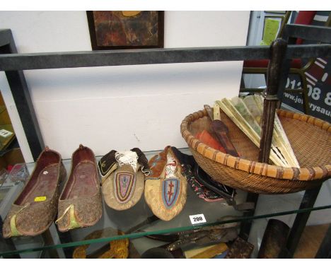 ETHNIC, bead work slippers and panels, wicker rice bowl, 2 daggers and contents of shelf