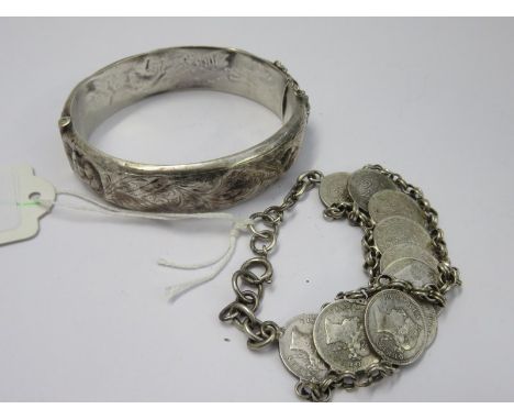 2 BRACELETS; One coin bracelet with Hong Kong 5 cent coins the other a vintage silver bangle in a/f condition 41.4 grms total