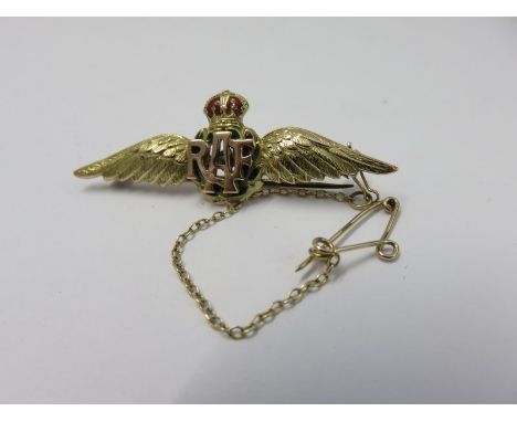 ENAMELLED 9ct GOLD ROYAL AIR FORCE BROOCH with safety chain