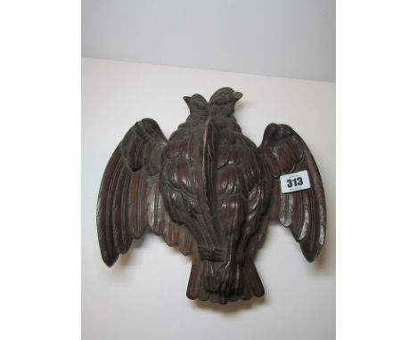 TREEN, a carved oak wall bracket of 2 hanging game birds, 10" height