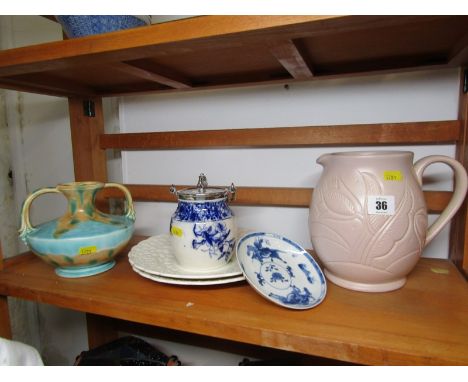 SUSIE COOPER, pink glazed incised floral design jug; also Carlton flow blue preserve pot and 4 other pieces on shelf 
