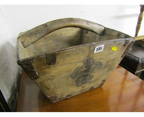 RICE CARRIER, a vintage metal mounted wooden square bodied rice carrier, 14" width
