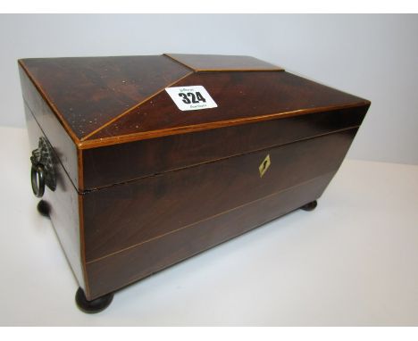 GEORGIAN TEA CADDY, inlaid mahogany sarcophagus shaped triple section tea caddy with brass ring drop handles, 12" width