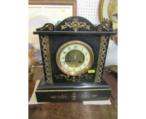 VICTORIAN MANTLE CLOCK, black marble architectural cased mantle clock with applied gilded brass decoration, with key, 12" hei