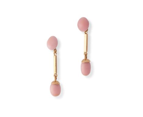  A pair of conch pearl pendent earrings  Each conch pearl surmount 8.6x7.0mm or 8.5x6.7mm, suspending a bar spacer with a cap