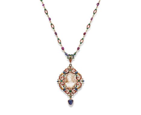  A multi gem-set and enamel pendent necklace, circa 1905  The longchain formed of red enamel openwork oval links with green e