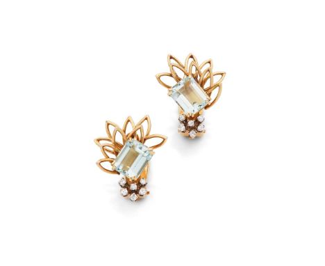  A pair of aquamarine earrings, circa 1955  Each cluster of single-cut diamonds, surmounted by a rectangular step-cut aquamar