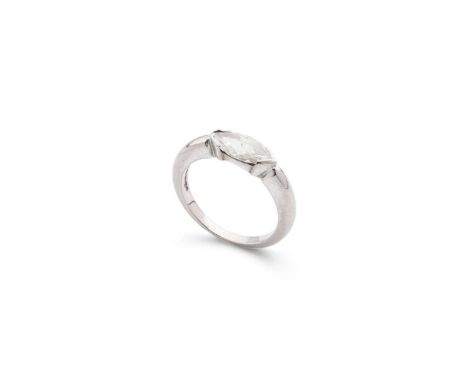  A single-stone marquise-cut diamond ring  The horizontally-set marquise-cut diamond, to an 18 carat white gold band, diamond