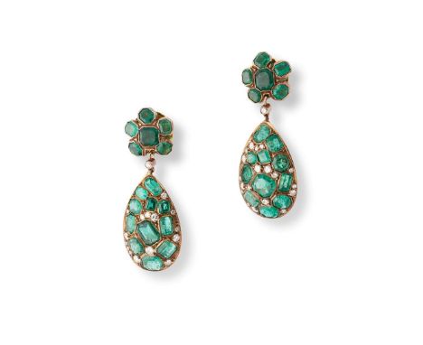  A pair of emerald and diamond "Day and Night" pendent earrings  Each cluster surmount set with step-cut emeralds, suspending