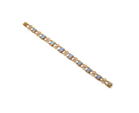  An Arts & Crafts opal bracelet, first quarter of the 20th century  Designed as a graduated line of oval cabochon opals, each