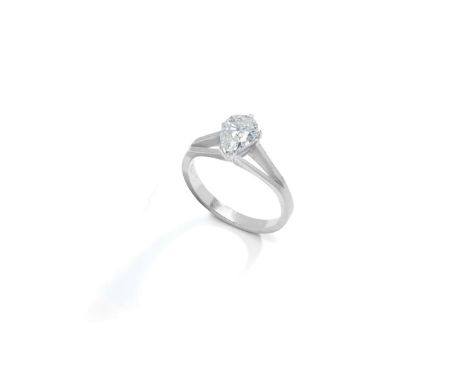  A pear-shaped diamond single-stone ring  The pear-shaped diamond, in a six-claw setting, between bifurcated shoulders, diamo