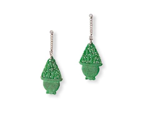  A pair of diamond and jade pendent earrings, first half of the 20th century  Each jade plaque, carved to depict a jardinière