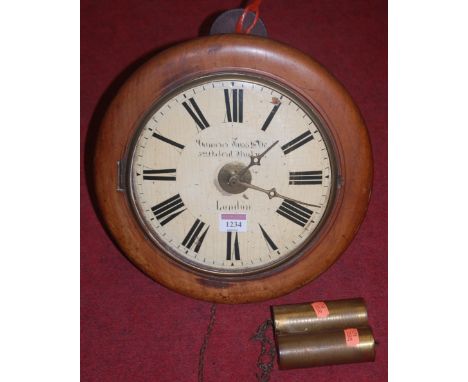 A Victorian mahogany circular wall clock, the enamel dial signed Cameron Russ & Co, 522 Oxford Street, London, with twin weig
