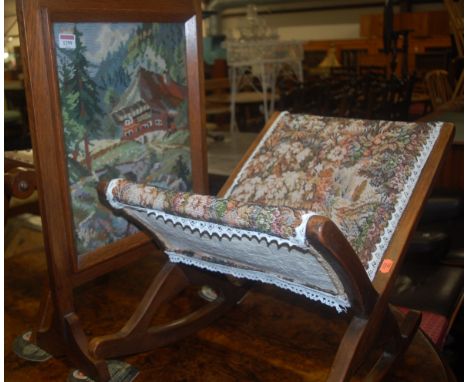 Occasional furniture to include; oak and tapestry inset fire screen, gout stool, and a further dressing stool (3)