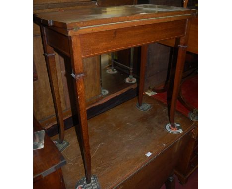 An Edwardian mahogany, rosewood crossbanded, and further satinwood strung twin fold-over card table, w.73cm 
