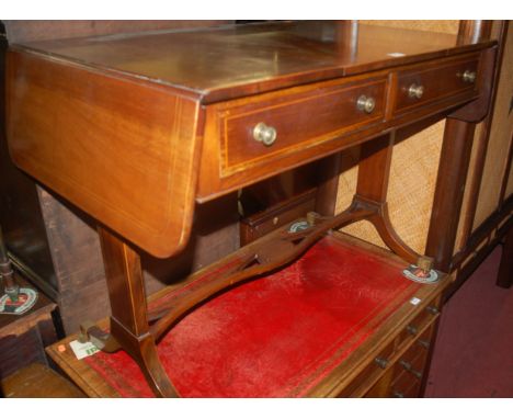 A 19th century mahogany and satinwood strung two drawer sofa table, raised on splayed end supports 