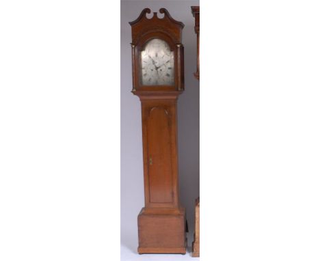 John Rowlands of Berwick early 19th century oak longcase clock, having swan neck pediment and two 3/4 turned pilasters flanki