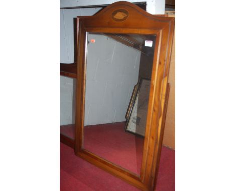 A reproduction yew wood wall mirror; two others; and a framed Ordnance Survey map of Suffolk villages 