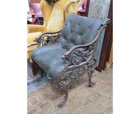 VINTAGE CAST IRON AND LEATHER SINGLE GARDEN CHAIR 