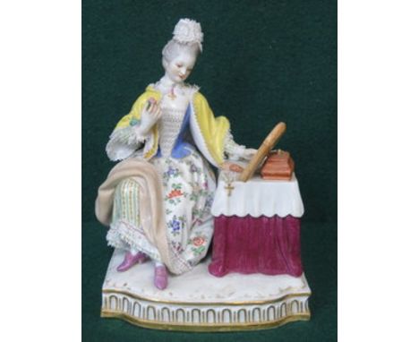 MEISSEN HANDPAINTED AND GILDED CERAMIC FIGURE DEPICTING A SEATED LADY WITH DRESSING TABLE ITEMS, APPROXIMATELY 15cm HIGH 