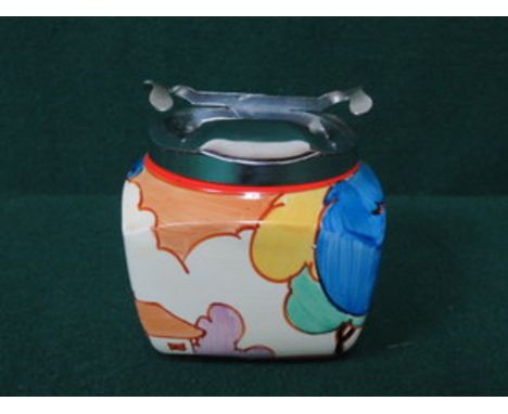CLARICE CLIFF BIZARRE FANTASQUE HANDPAINTED CERAMIC SUGAR BOWL WITH PLATED COVER 