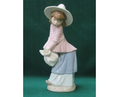 NAO GLAZED CERAMIC FIGURE- GIRL WITH HAT, APPROXIMATELY 24cm HIGH 