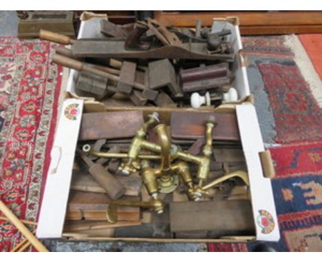 TWO BOXES OF VINTAGE WOODWORKING TOOLS, PLANES, VICES, ETC.  ALSO BRASS BATHROOM TAPS, DOOR HANDLES, ETC. 